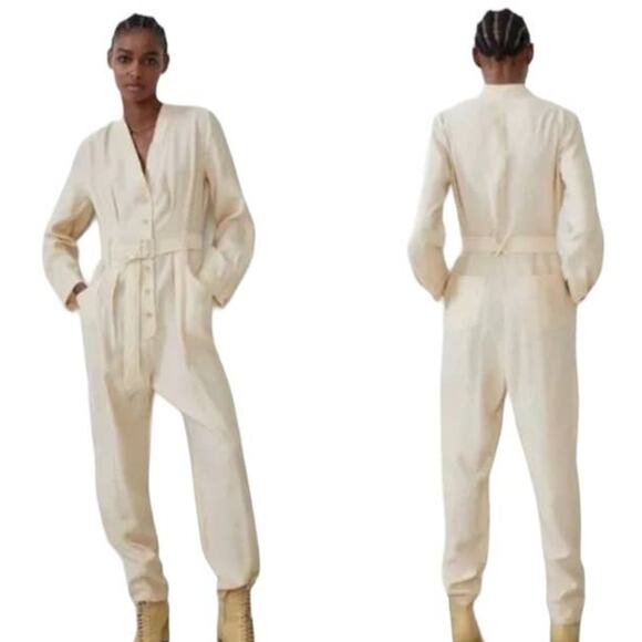 Zara Blogger Fave Jumpsuit Belted Button Front Long Sleeve Utility Cream NEW S - Picture 2 of 13